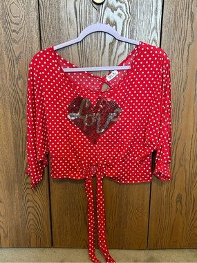 Polka Dot Tie-Front Crop Top with Sequin Heart